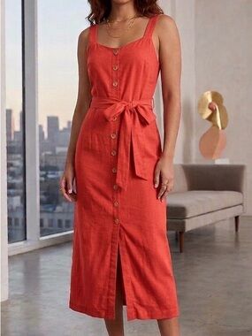 Cotton Candy LA Button Front Midi Dress Coral Linen Blend Summer Size S
